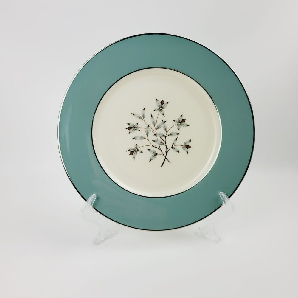 Lenox Kingsley Dinner Plate Teal Band Platinum Trim Floral Center c.1954-79 USA